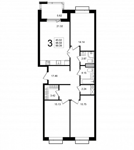 3-комнатная, квартира, 99.39 м²