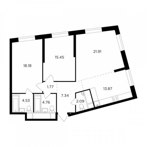 3-комнатная, 89.9 м²