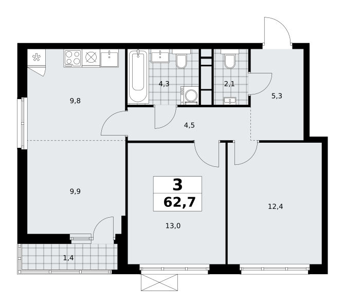 3-комнатная квартира №23К-18.2.2-189, 62,7 м² за 18,17 млн руб. в ЖК «Скандинавия» - планировка