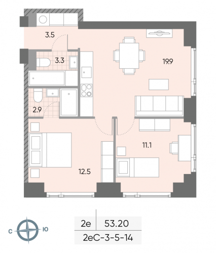 2-комнатная, квартира, 53.2 м²