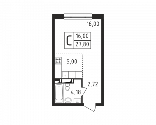 Студия, 27.8 м²