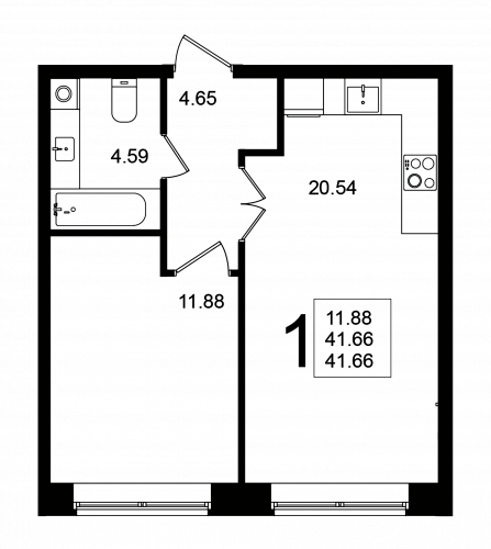 1-комнатная, квартира, 41.66 м²