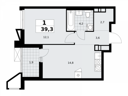 1-комнатная, 39.3 м²