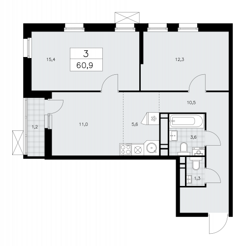 3-комнатная, 60.9 м²