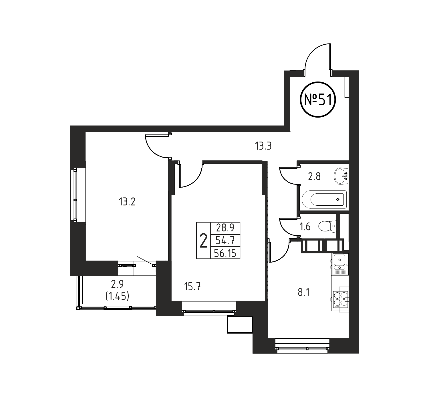 2-комнатная квартира №51, 56,2 м² за 8,31 млн руб. в ЖК «Космос» - планировка