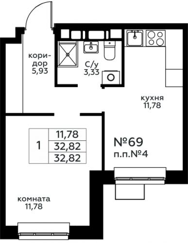 1-комнатная, 32.82 м²