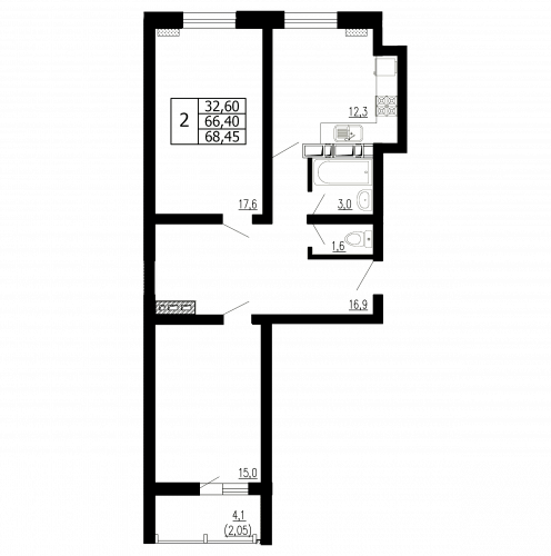 2-комнатная, квартира, 68.45 м²