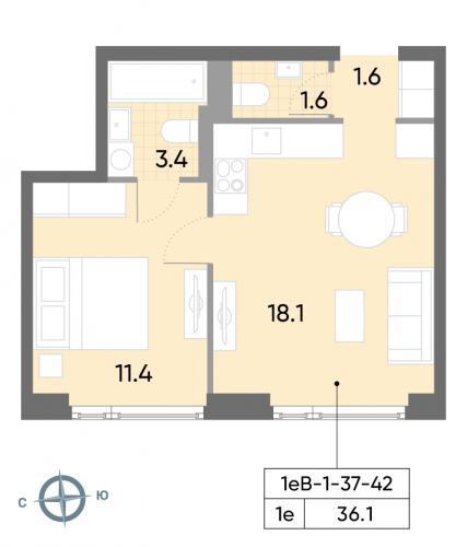 1-комнатная, квартира, 36.1 м²