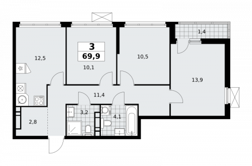 3-комнатная, 69.9 м²