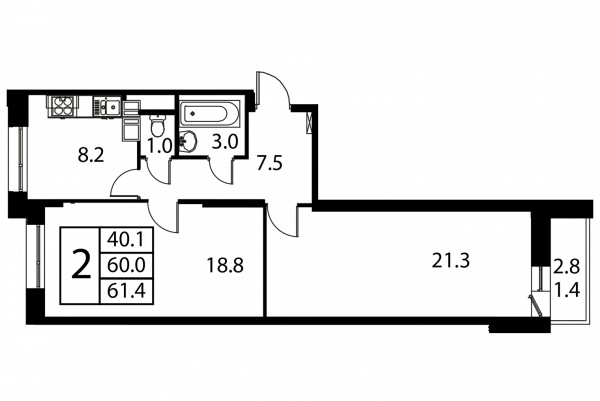 2 комнаты до 61.4