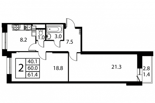 2-комнатная, квартира, 61.4 м²