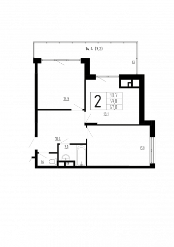 2-комнатная, квартира, 67 м²