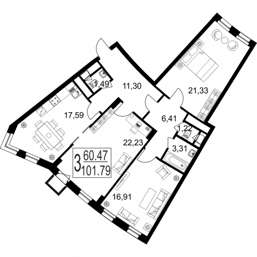 3-комнатная квартира № 40