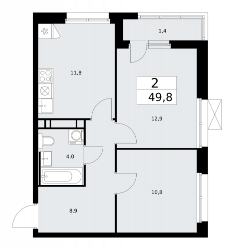 2-комнатная, 49.8 м²