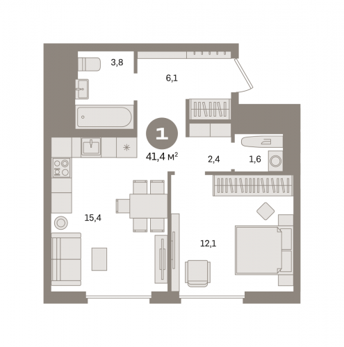 1-комнатная, квартира, 41.39 м²