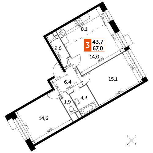 3-комнатная, 67 м²