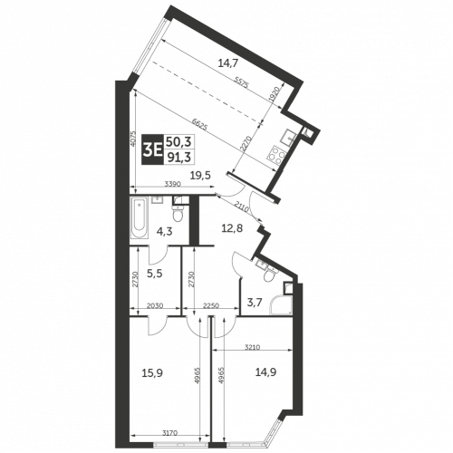 3-комнатная, квартира, 91.3 м²