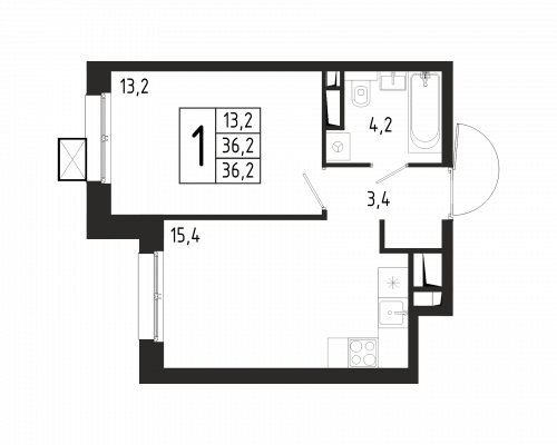 1-комнатная, квартира, 36.2 м²