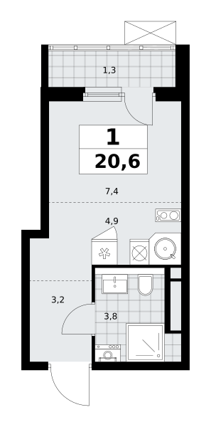 1-комнатная квартира №58К-11.2.3-753, 20,6 м² за 8,58 млн руб. в ЖК «Прокшино» - планировка