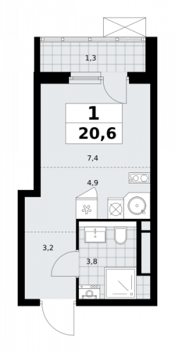 1-комнатная, 20.6 м²