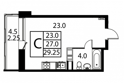 Студия, 29.25 м²