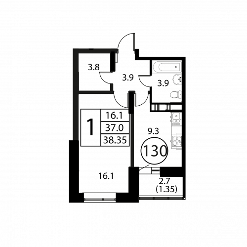 1-комнатная, квартира, 38.35 м²