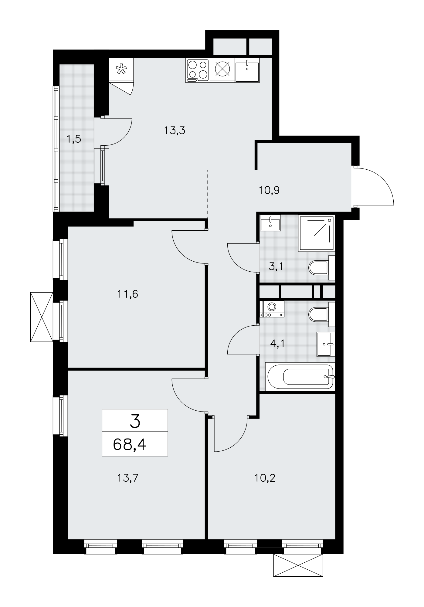 3-комнатная квартира №24К-37.2.3-500, 68,4 м² за 18,25 млн руб. в ЖК «Скандинавия» - планировка