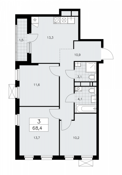 3 комнаты до 68.4