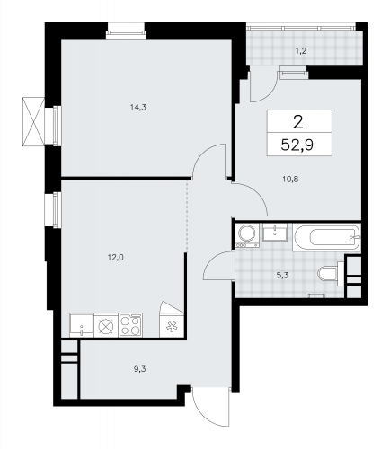 2-комнатная, 52.9 м²