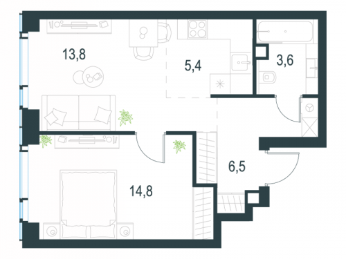 2-комнатная, 44.1 м²