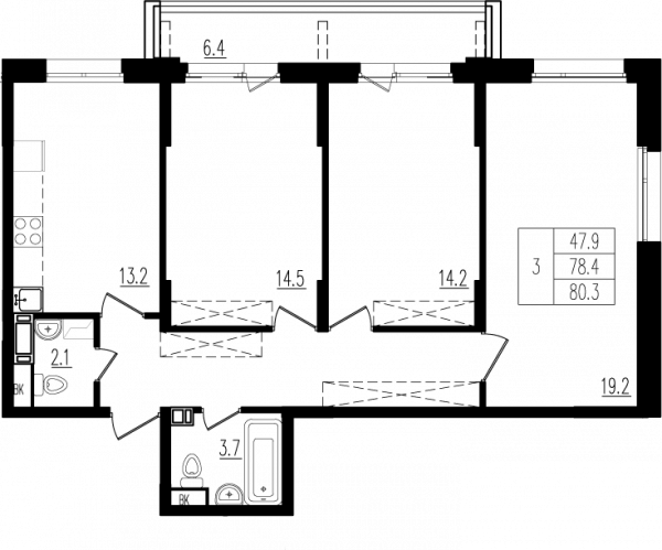 3 комнаты до 80.6