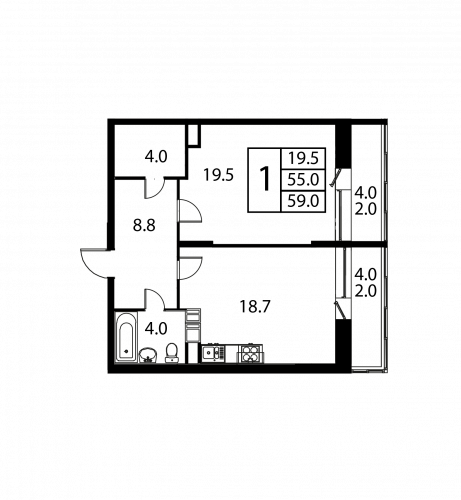 1-комнатная, квартира, 59 м²