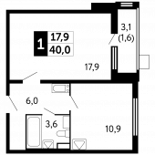 1-комнатная квартира 40,1 м²