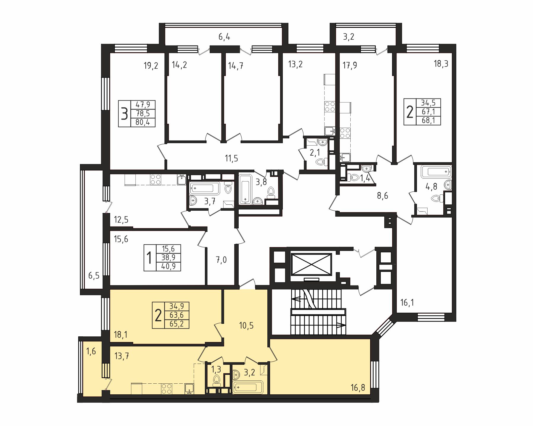2-комнатная квартира №113, 65,2 м² за 11,10 млн руб. в ЖК «Пироговская Ривьера» - планировка