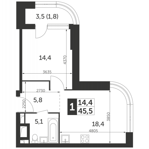 1-комнатная, квартира, 45.5 м²