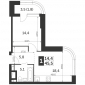 1-комнатная квартира 45,5 м²