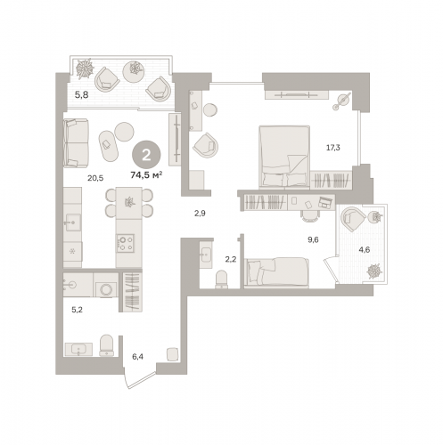 2-комнатная, квартира, 74.49 м²