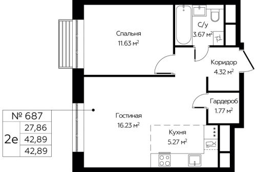 2-комнатная, 42.89 м²