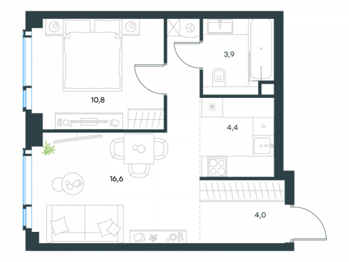2-комнатная, 39.7 м²