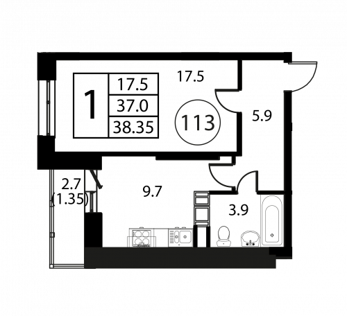 1-комнатная, квартира, 38.35 м²