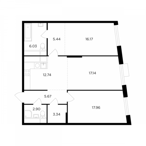 3-комнатная, квартира, 87.39 м²