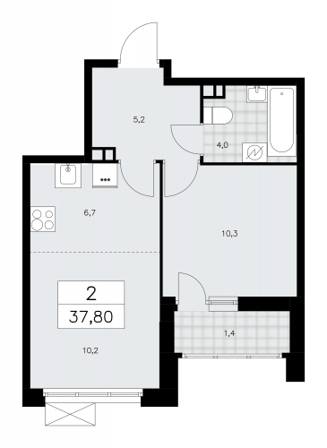 2-комнатная, 37.8 м²