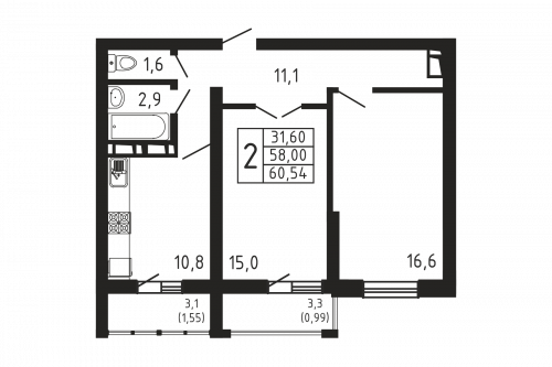 2-комнатная, квартира, 60.54 м²