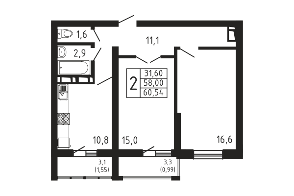2-комнатная, квартира, 60.54 м²