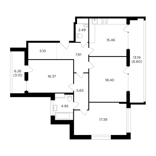 3-комнатная квартира №539, 103,2 м² за 43,50 млн руб. в ЖК «RiverSky» - планировка