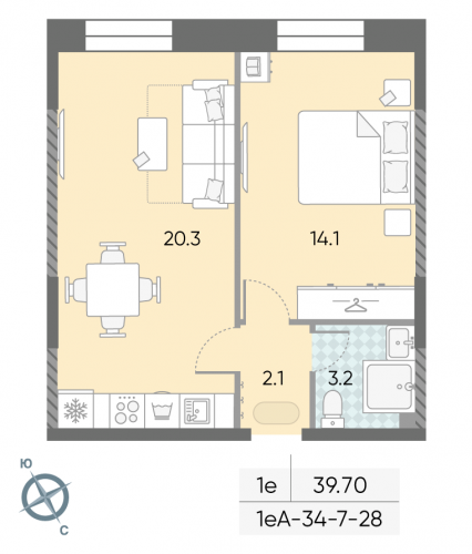 1-комнатная, 39.7 м²