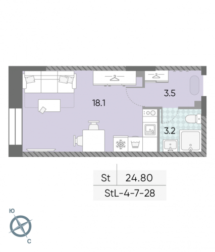 Студия, 24.8 м²