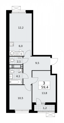 3-комнатная, 59.4 м²