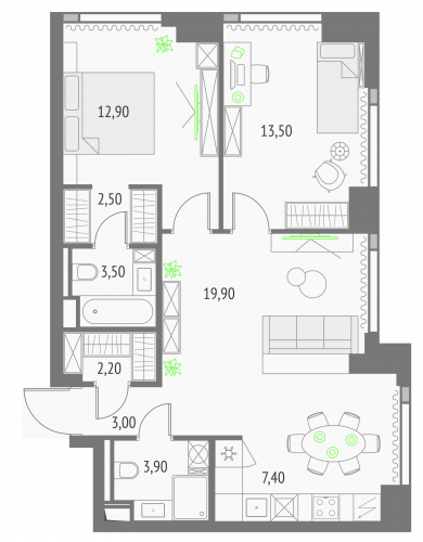 2-комнатная, квартира, 68.8 м²