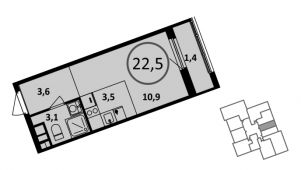 1-комнатная квартира 22,5 м²